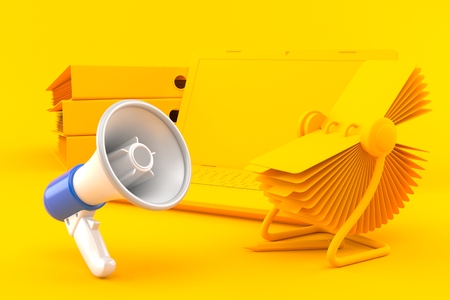 Office background with megaphone in orange color. 3d illustrationの写真素材