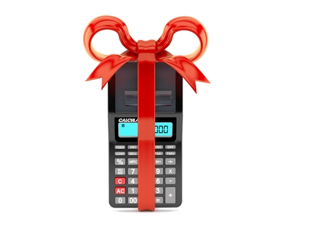 Calculator with red ribbon isolated on white background. 3d illustrationの写真素材