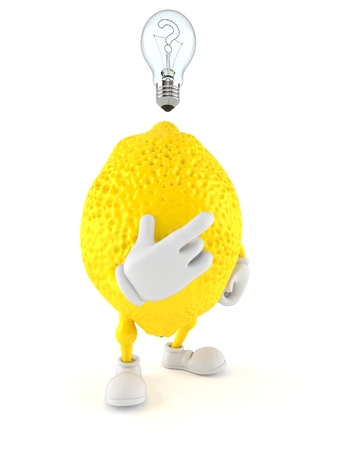 Lemon character with an idea isolated on white background. 3d illustrationの写真素材