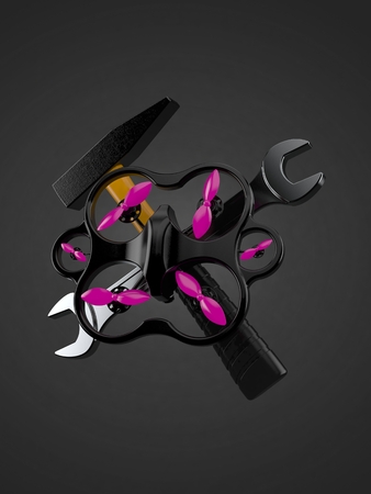 Drone with work tools on grey background. 3d illustration