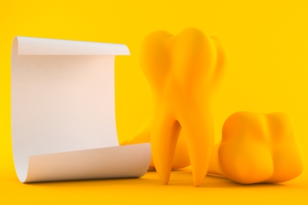 Dental background with sheet of paper in orange color. 3d illustrationの写真素材