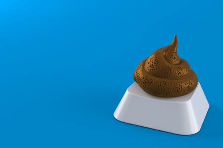 Dung poo on computer key isolated on blue background. 3d illustrationの写真素材