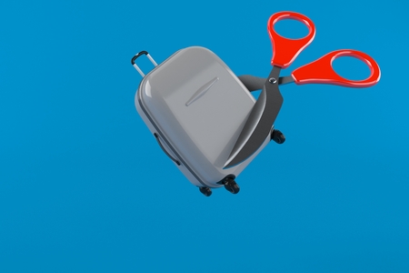 Suitcase with scissors isolated on blue background. 3d illustrationの写真素材