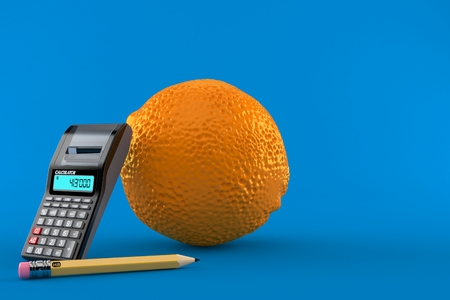 Orange with calculator and pencil isolated on blue background. 3d illustrationの写真素材