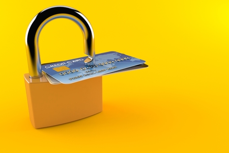 Credit cards with padlock isolated on orange background. 3d illustrationの写真素材