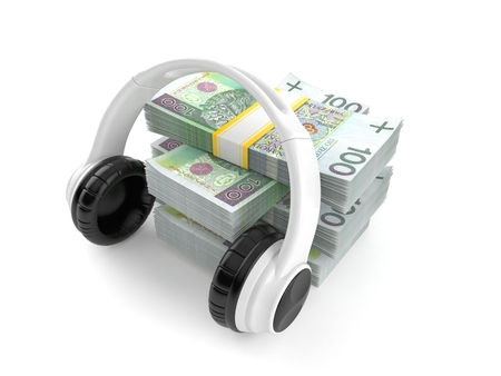 Headphones on stack of money isolated on white background. 3d illustrationの写真素材