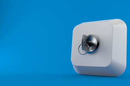 Computer key with door lock isolated on blue background. 3d illustrationの写真素材