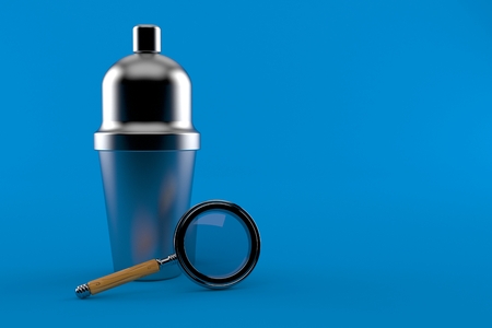 Cocktail shaker with magnifying glass isolated on blue background. 3d illustrationの写真素材