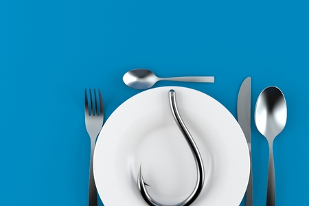 Meal with fishing hook isolated on gray background. 3d illustrationの写真素材