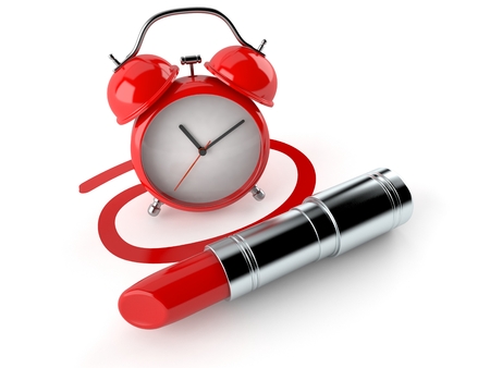 Alarm clock selected with lipstick isolated on white background. 3d illustrationの写真素材