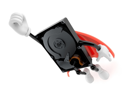 Hard disk drive character flying with hero cape isolated on white background. 3d illustration