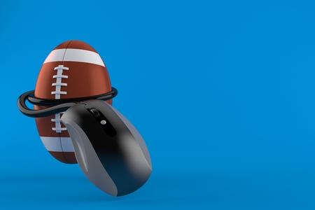 Rugby ball with computer mouse isolated on blue background. 3d illustrationの写真素材