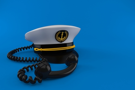 Captain's hat with telephone handset isolated on blue background. 3d illustrationの写真素材