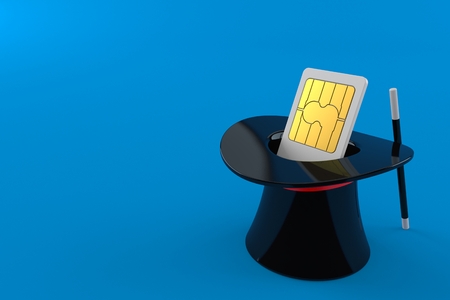 SIM card inside magic hat isolated on blue background. 3d illustrationの写真素材