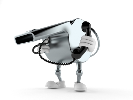 Whistle character holding a telephone handset isolated on white background. 3d illustrationの写真素材