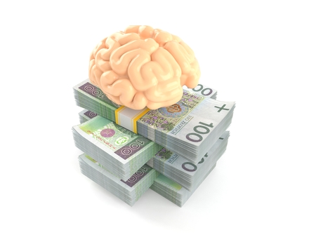 Brain on stack of money isolated on white background. 3d illustrationの写真素材