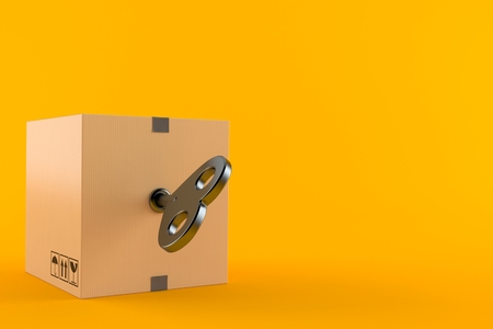 Package with clockwork key isolated on orange background. 3d illustrationの写真素材