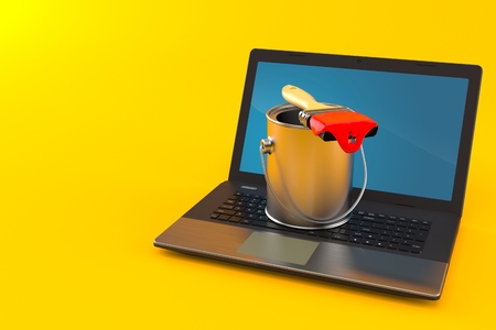 Paint can with laptop isolated on orange background. 3d illustrationの写真素材