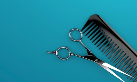 Scissors with comb on blue background. 3d illustrationの写真素材
