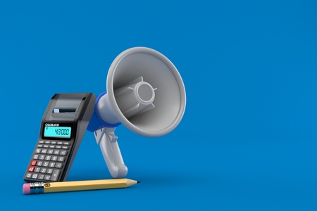 Megaphone with calculator and pencil isolated on blue background. 3d illustrationの写真素材