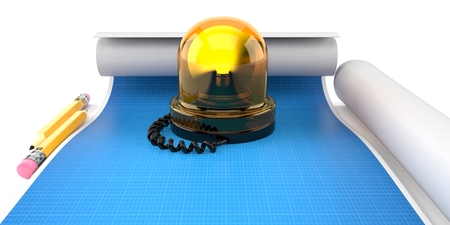 Emergency siren with pencil and blueprint on white background. 3d illustrationの写真素材