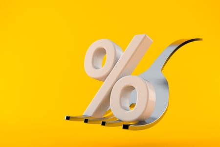 Fork with percent symbol isolated on orange background. 3d illustrationの写真素材