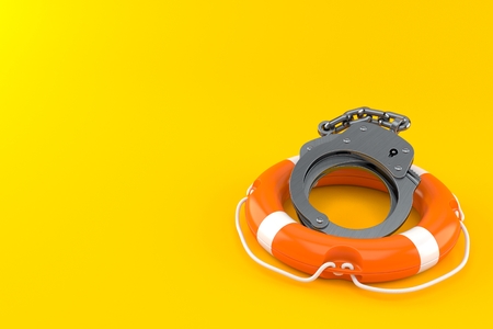 Handcuffs inside life buoy isolated on orange background. 3d illustrationの写真素材