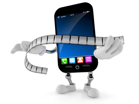 Smart phone character holding film strip isolated on white background. 3d illustrationの写真素材