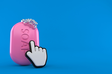 Bar of soap with web cursor isolated on blue background. 3d illustrationの写真素材