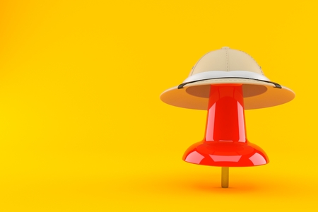 Thumbtack with safari hat isolated on orange background. 3d illustrationの写真素材