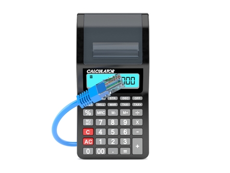 Calculator with network cable isolated on white background. 3d illustration