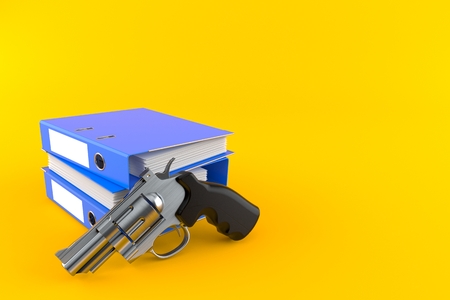 Gun with ring binders isolated on orange background. 3d illustrationの写真素材