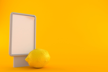 Lemon with blank billboard isolated on orange background. 3d illustrationの写真素材