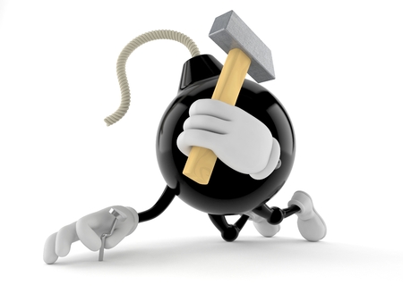 Bomb character with hammer isolated on white background. 3d illustrationの写真素材