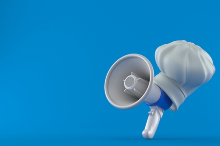 Megaphone with chef's hat isolated on blue background. 3d illustrationの写真素材