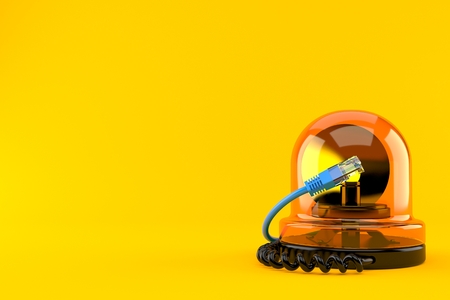 Emergency siren with network cable isolated on orange background. 3d illustration