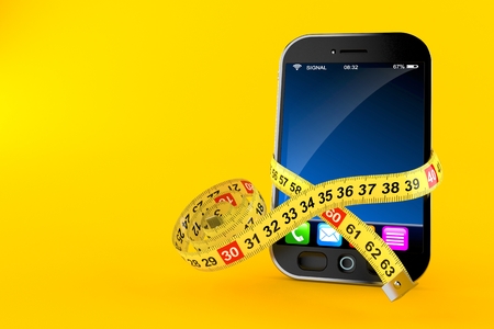 Smart phone with centimeter isolated on orange background. 3d illustrationの写真素材