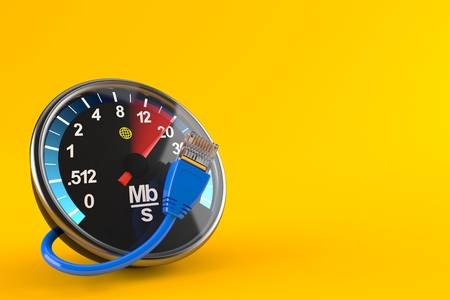 Speed meter with network cable isolated on orange background. 3d illustrationの写真素材