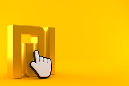 Shekel currency symbol with web cursor isolated on orange background. 3d illustrationの写真素材