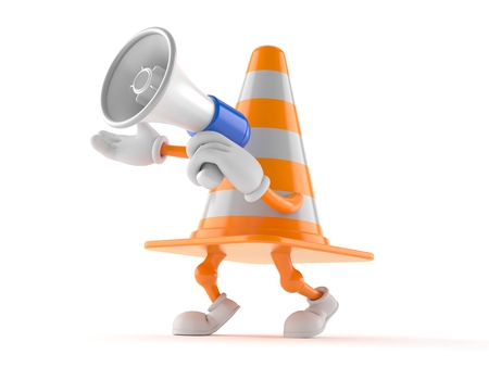Traffic cone character speaking through a megaphone isolated on white background. 3d illustrationの写真素材