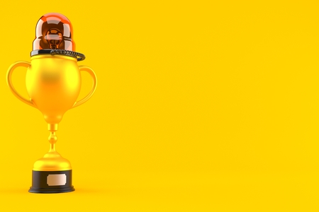Golden trophy with emergency siren isolated on orange background. 3d illustrationの写真素材