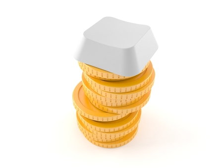 Computer key with stack of coins isolated on white background. 3d illustrationの写真素材
