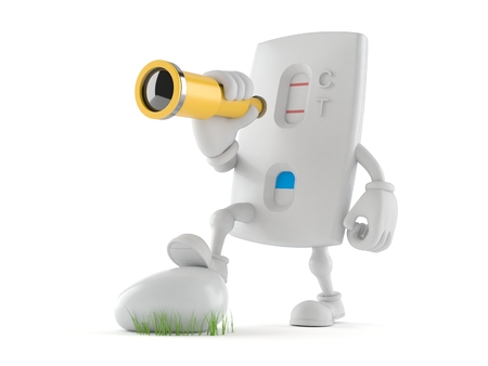 Pregnancy test character looking through a telescope isolated on white background. 3d illustrationの写真素材