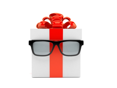 Gift box with glasses isolated on white background. 3d illustrationの写真素材