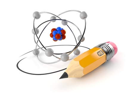 Atom with pencil isolated on white background. 3d illustrationの写真素材