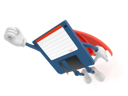 Floppy disk character with hero cape isolated on white background. 3d illustration