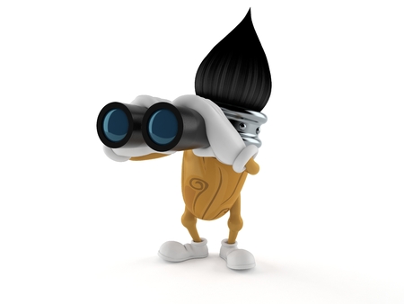 Paintbrush character looking through binoculars isolated on white background. 3d illustrationの写真素材