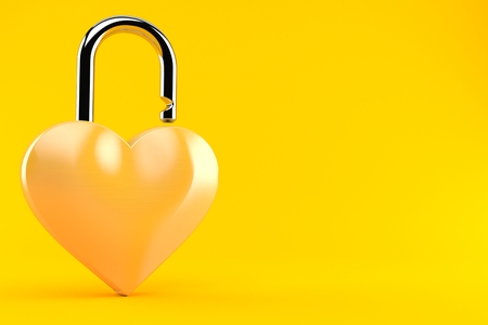 Heart padlock isolated on orange background. 3d illustrationの写真素材
