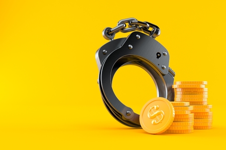 Handcuffs with stack of coins isolated on orange background. 3d illustrationの写真素材