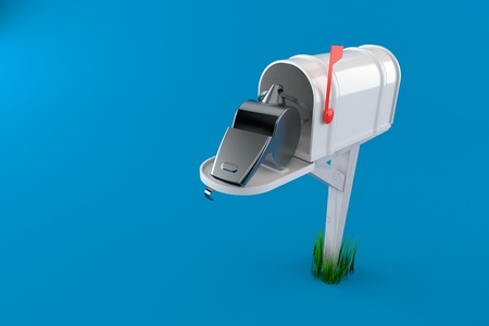 Whistle inside mailbox isolated on blue background. 3d illustrationの写真素材